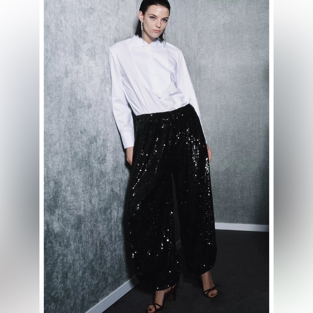 Zara Black Sequin Wide-Leg Trousers